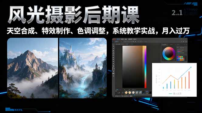 风光摄影后期课,一键换天空合成、特效制作、色调调整,月入过万-禾风丰