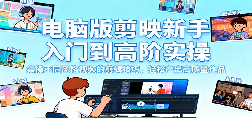 电脑版剪映新手入门到高阶实操，实操不同风格视频的剪辑技巧，轻松产出高质量作品-禾风丰